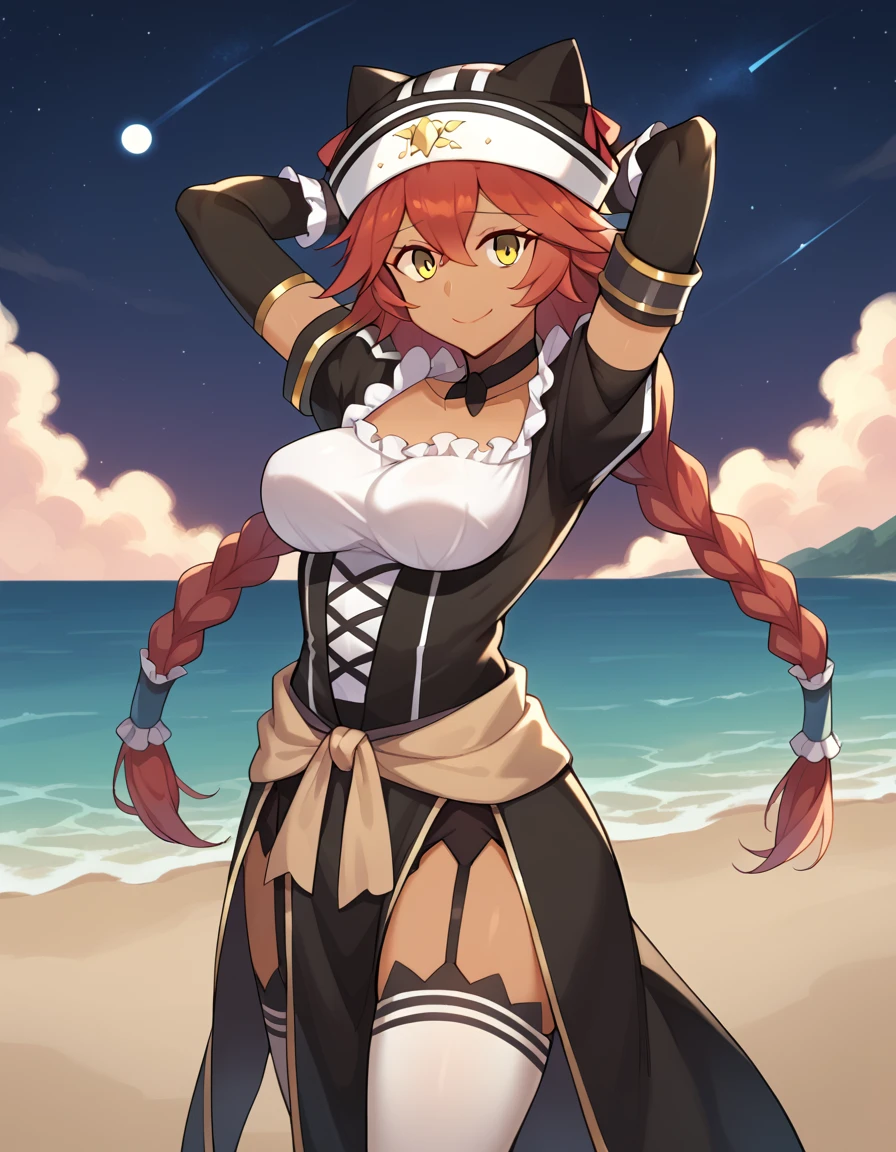 score_9, score_8_up, score_7_up, BREAK, 1girl, solo, breasts, lupusregina beta, dark skin, twin braids, hat, frills, black dress, short sleeves, bridal gauntlets, white thighhighs, garter straps, choker,  high quality, solo, 1girl, night sky, beach, arms behind head, (contrapposto), closed mouth, spread armpits, (cowboy shot:1.5), looking at viewer, smile, best quality,