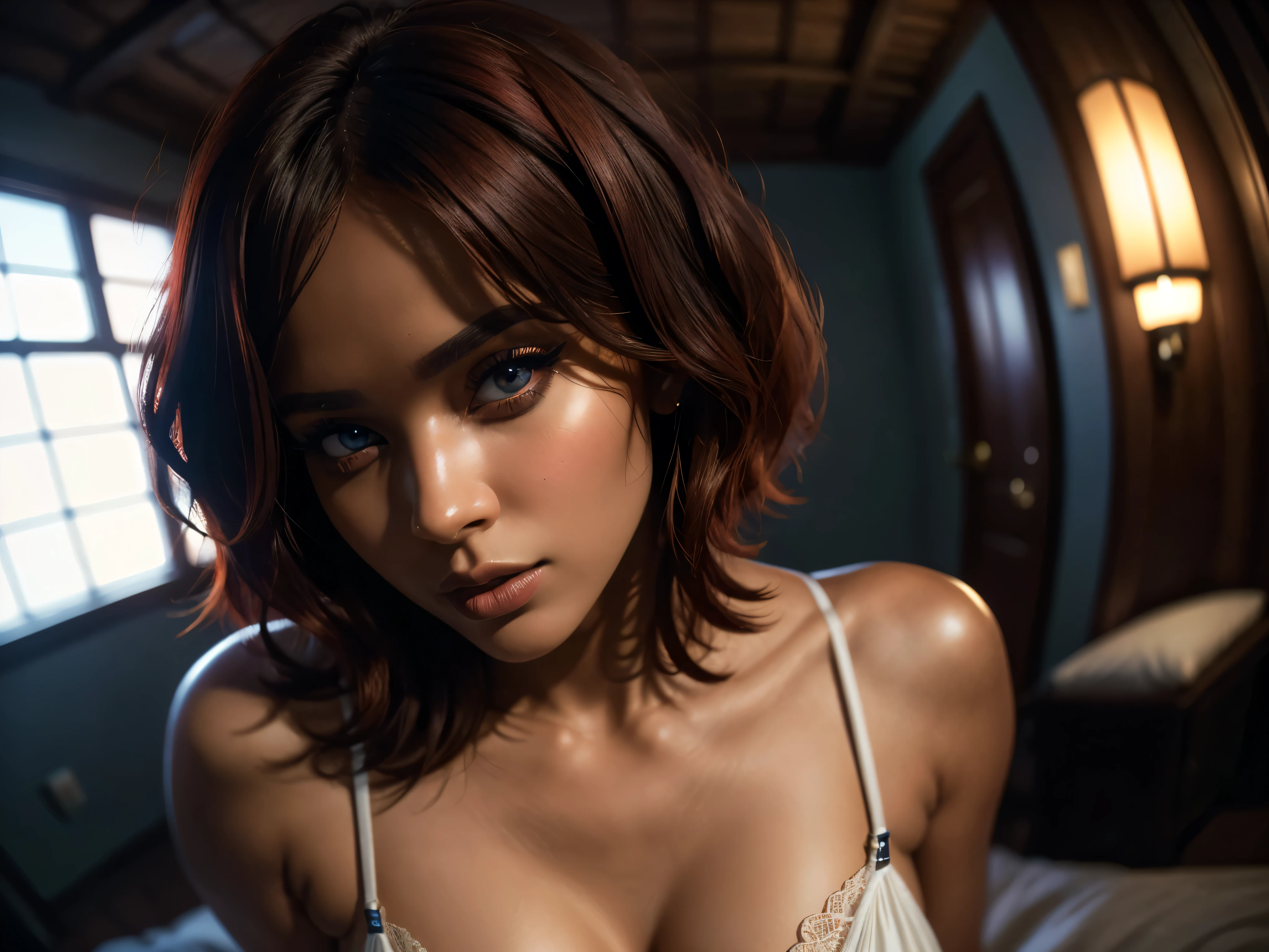 a beautiful woman with dark skin, red bob haircut, expressive blue eyes, wearing white lace lingerie, in a bedroom setting with a sexy, erotic atmosphere, (best quality,4k,8k,highres,masterpiece:1.2),ultra-detailed,(realistic,photorealistic,photo-realistic:1.37),portrait,chiaroscuro lighting,dramatic lighting,cinematic,dramatic colors,rich colors,glowing skin,detailed facial features,sensual,alluring, intricate details,dramatic lighting,cinematic composition,sensual,captivating expression,alluring. HDMI, HDRI, UDHD,((Diffuse effect)), ((volume effect 1.1)), ((Depth of field 1.1)), ((fisheye lens)