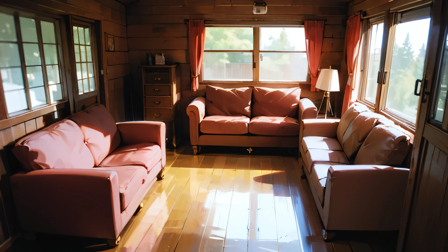 View from the floor of a Canadian wooden house onto an old sofa