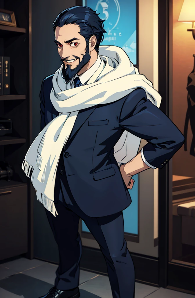 1 man, dark blue hair, suit, ((full body)), smile, black beard, red eyes,50 years old,full body,whole body,