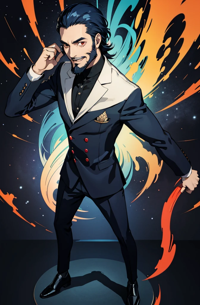 1 man, dark blue hair, suit, ((full body)), smile, black beard, red eyes,50 years old,full body,whole body,