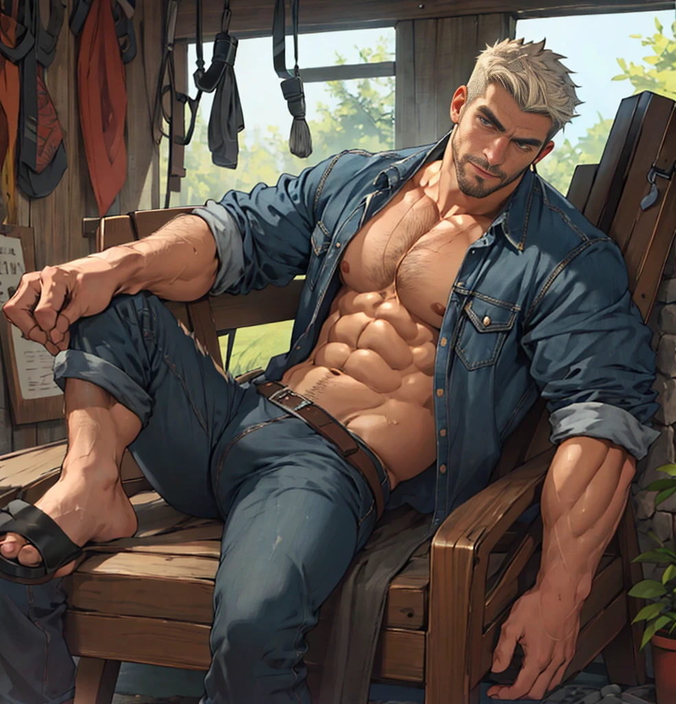 Ruggedly handsome older man, ,  chest. , Dominant, Confident, gentleman, solo shot, sitting in chair