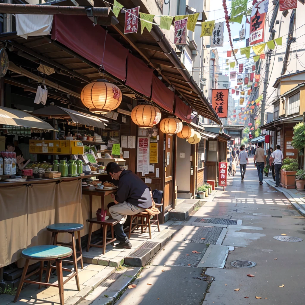 there are many tables and stools in the narrow alley, tokyo izakaya scene, in narrow tokyo alleyway, japanese street, one person, tokyo alleyway, japanese downtown, old japanese street market, tea drinking and paper lanterns, in a tokyo street, tokyo street, with street food stalls, sitting in tokyo, kyoto japan setting, in the streets of tokyo