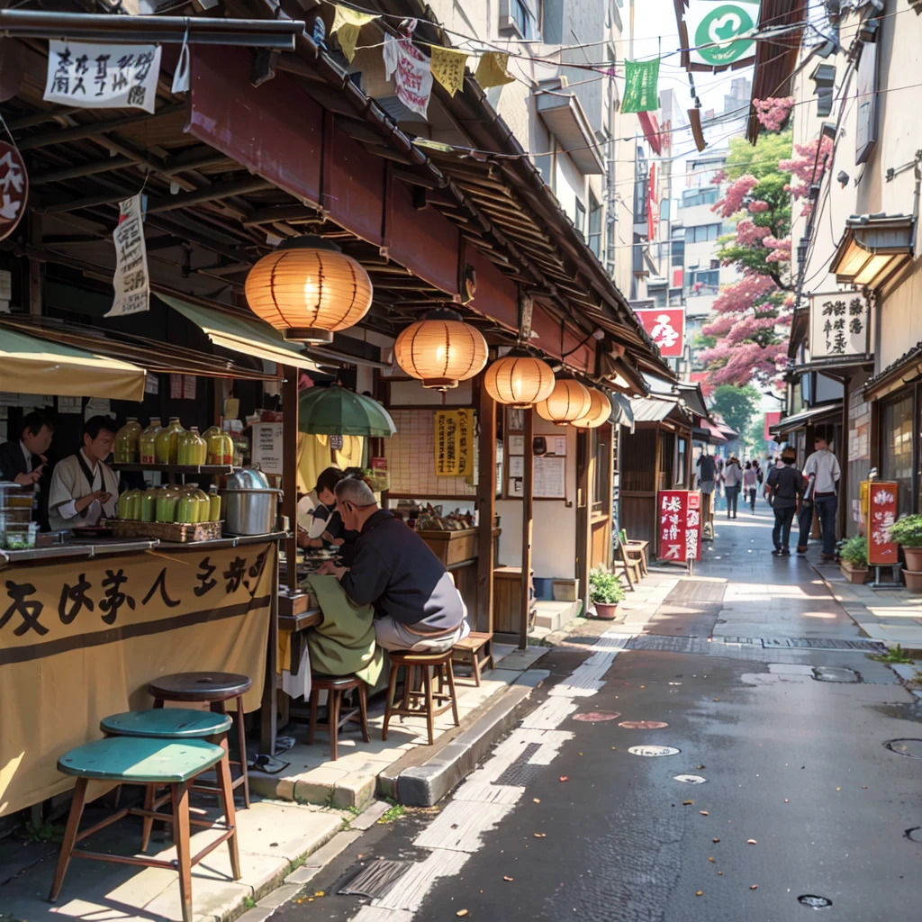 there are many tables and stools in the narrow alley, tokyo izakaya scene, in narrow tokyo alleyway, japanese street, one person, tokyo alleyway, japanese downtown, old japanese street market, tea drinking and paper lanterns, in a tokyo street, tokyo street, with street food stalls, sitting in tokyo, kyoto japan setting, in the streets of tokyo