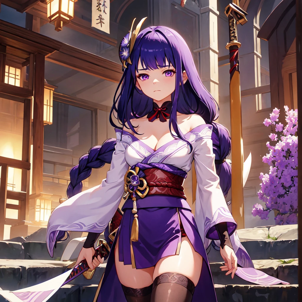 shogun, 1girl, solo, long hair, looking at viewer, hair ornament, thighhighs, long sleeves, ribbon, holding, cleavage, closed mouth, purple eyes, weapon, purple hair, braid, flower, japanese clothes, sword, wide sleeves, kimono, holding weapon, armor, mole, blurry, sash, mole under eye, holding sword, obi, shoulder armor, tassel, bridal gauntlets, stairs, purple flower, vision (genshin impact), obijime, tomoe (symbol), obiage, mitsudomoe (shape),  