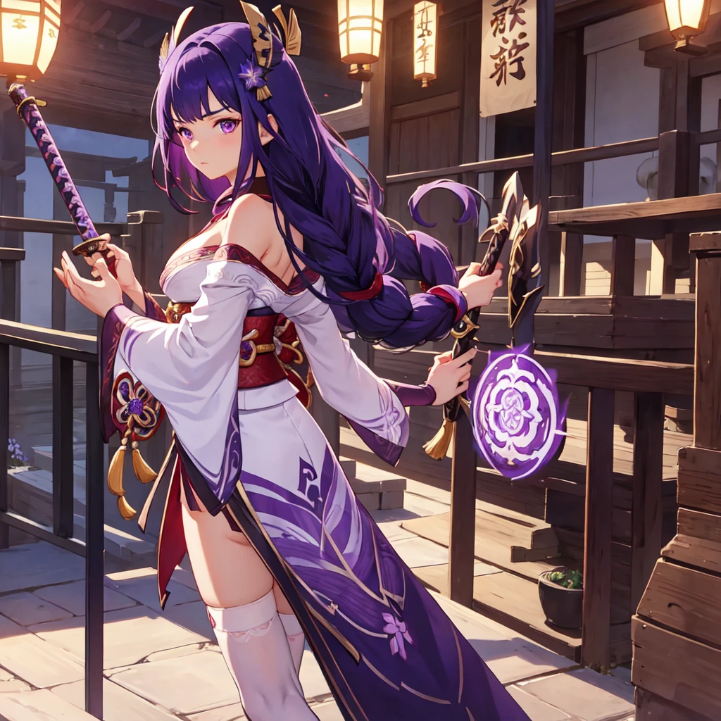 shogun, 1girl, solo, long hair, looking at viewer, hair ornament, thighhighs, long sleeves, ribbon, holding, cleavage, closed mouth, purple eyes, weapon, purple hair, braid, flower, japanese clothes, sword, wide sleeves, kimono, holding weapon, armor, mole, blurry, sash, mole under eye, holding sword, obi, shoulder armor, tassel, bridal gauntlets, stairs, purple flower, vision (genshin impact), obijime, tomoe (symbol), obiage, mitsudomoe (shape),  