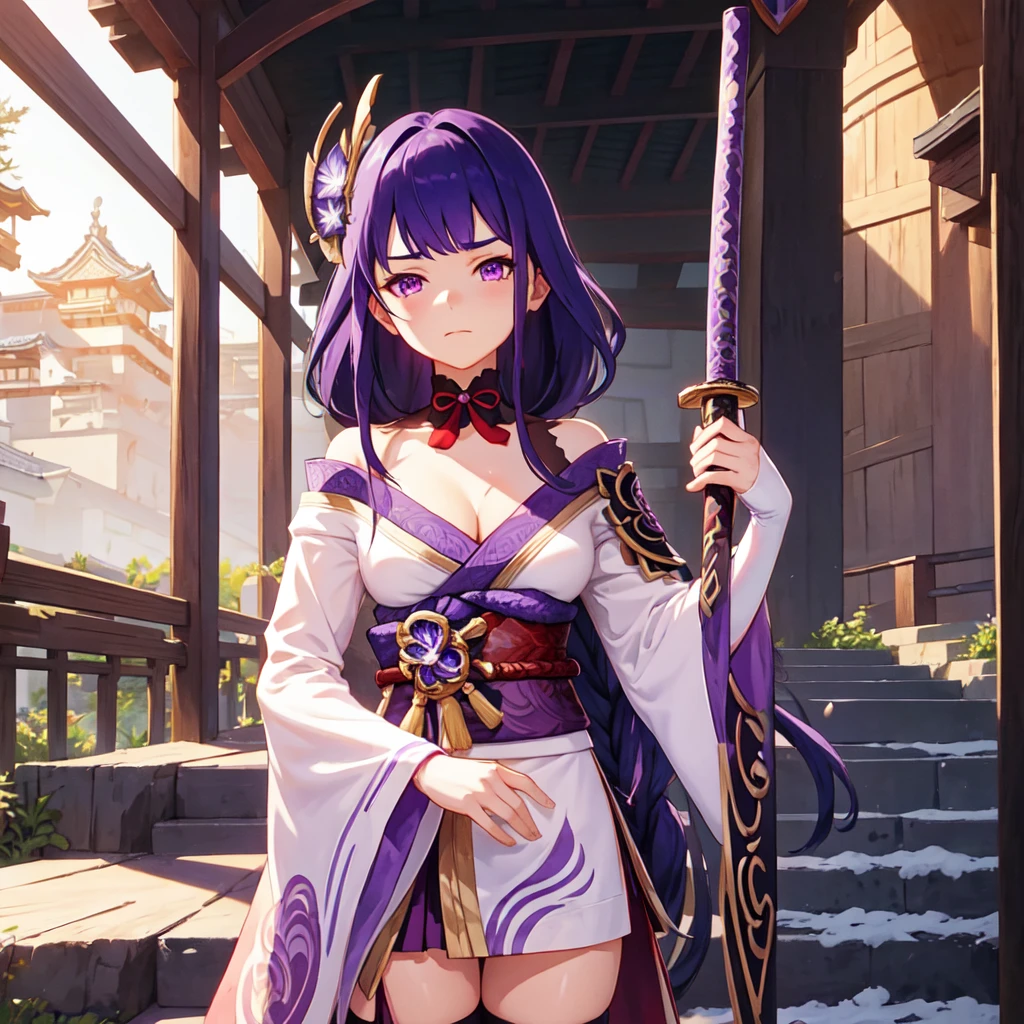 shogun, 1girl, solo, long hair, looking at viewer, hair ornament, thighhighs, long sleeves, ribbon, holding, cleavage, closed mouth, purple eyes, weapon, purple hair, braid, flower, japanese clothes, sword, wide sleeves, kimono, holding weapon, armor, mole, blurry, sash, mole under eye, holding sword, obi, shoulder armor, tassel, bridal gauntlets, stairs, purple flower, vision (genshin impact), obijime, tomoe (symbol), obiage, mitsudomoe (shape),  