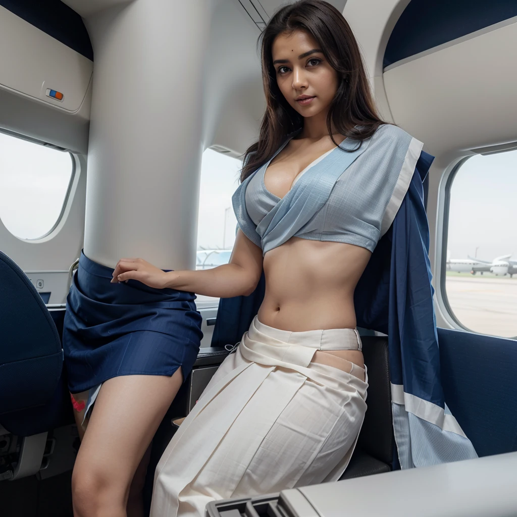 A beautiful gorgeous cute airhostess wearing a low waist saree as airline uniform and checking on the passangers seat one by one inside a plane, her skin complexion is white and saree is dark blue, the angle shows everything and is far, Ultra realistic, natural, UHD, detailed, accurate, photorealistic, 8K resolution