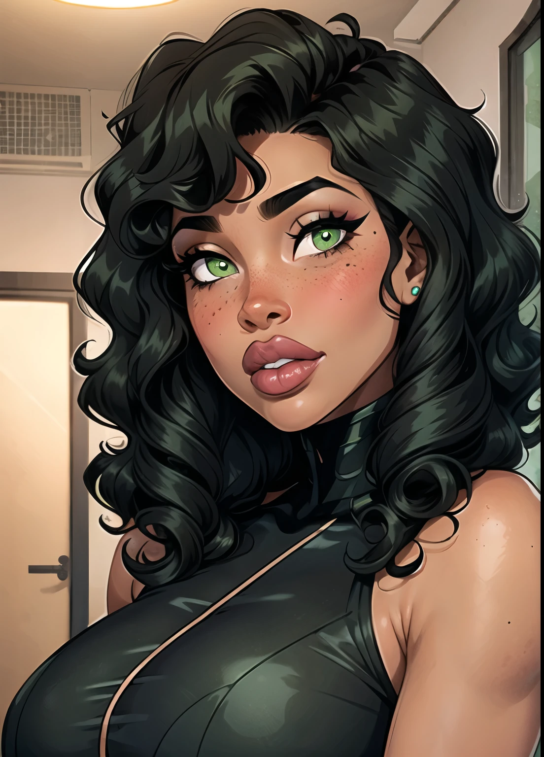 1 girl,heart-shaped pupils ,(high-speed lines:1.1),big breasts, improve, improve girl, green eyes , dark skin, Heart in the eyes, Sub , smile, happy , very improve , earrings , painted nails , necklace, Good, big butt, On knees, Back turned
