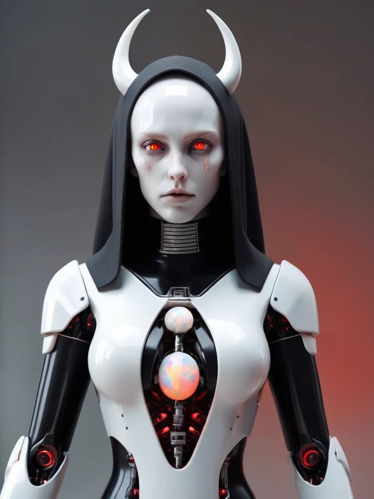 ral-opal, meahophontron, full body, woman robot face, devil nun, negro, looking at camera, body nun clothes, red eyes, primer plano looking at camera, realist, beautifull woman, background image hell.