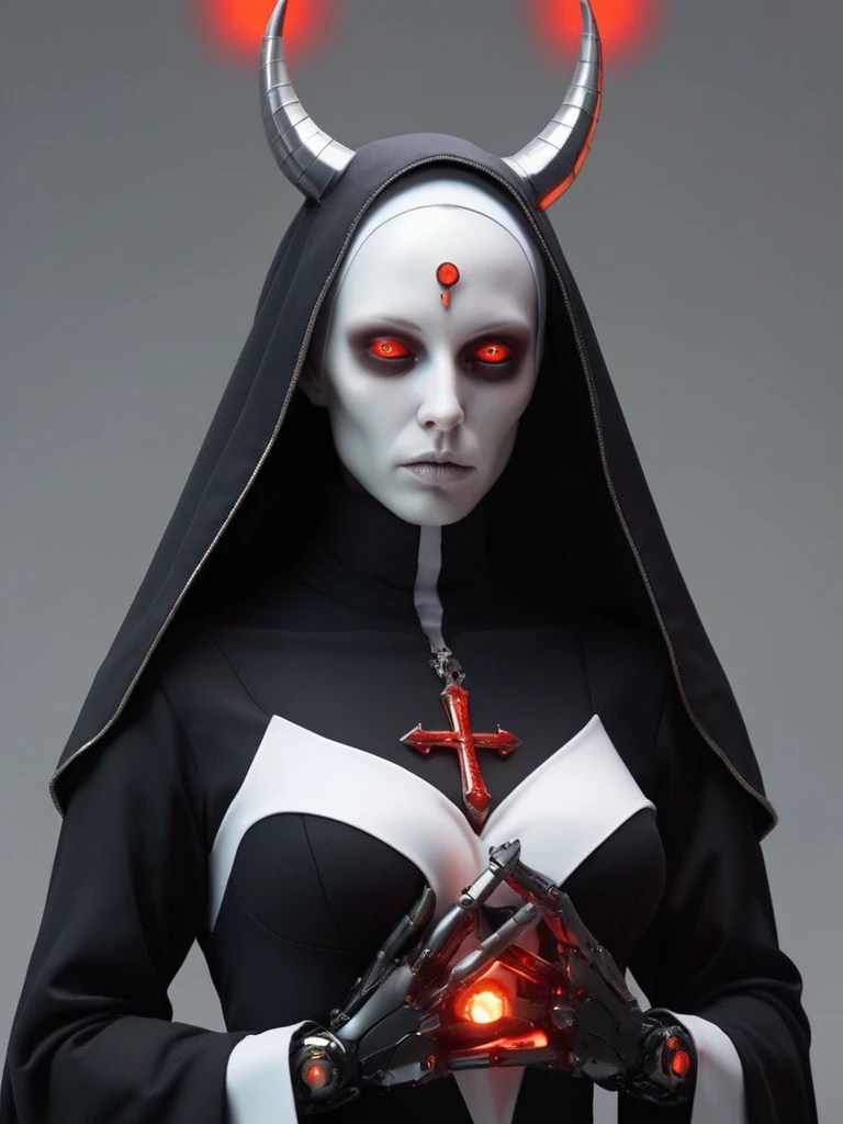 ral-opal, meahophontron, full body, woman robot face, devil nun, negro, looking at camera, body nun clothes, red eyes, primer plano looking at camera, realist, beautifull woman, background image hell.