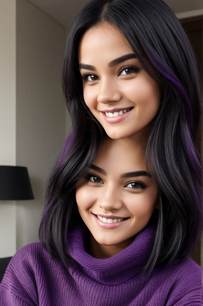 Screenshot of My Academic Hero, young girl smiling sexy, the right eye is black and the left eye is purple with a purple sweater and black hair and a wolf cut and a little far from the camera 