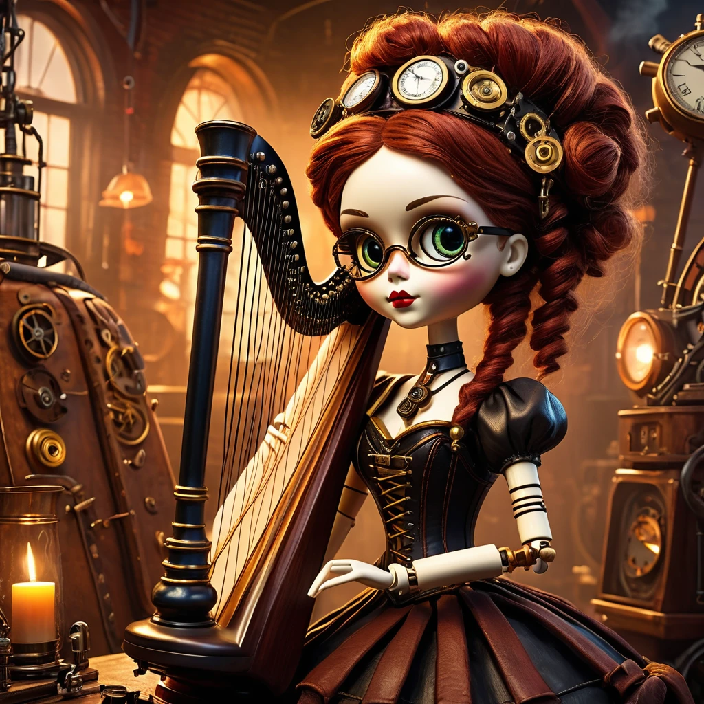 (voodoo doll playing knitted harp:1.2), (Voodoo Steampunk:1.3), (badass clothing: leather corset, aviator glasses, Gears and mechanical parts:1.0), (in the background steam engines, airships and Victorian buildings:1.2), best qualityer, work of art, detailed soft oil painting, detailed back ground, dramatic cinematic lighting, soft edge lighting, proffesional, dramatic lighting, hard edge lighting, ultra quality, 4K, work of art, best qualityer, 8K, ultra high definition, high resolution, extremely detaild, perfect details of the harp.