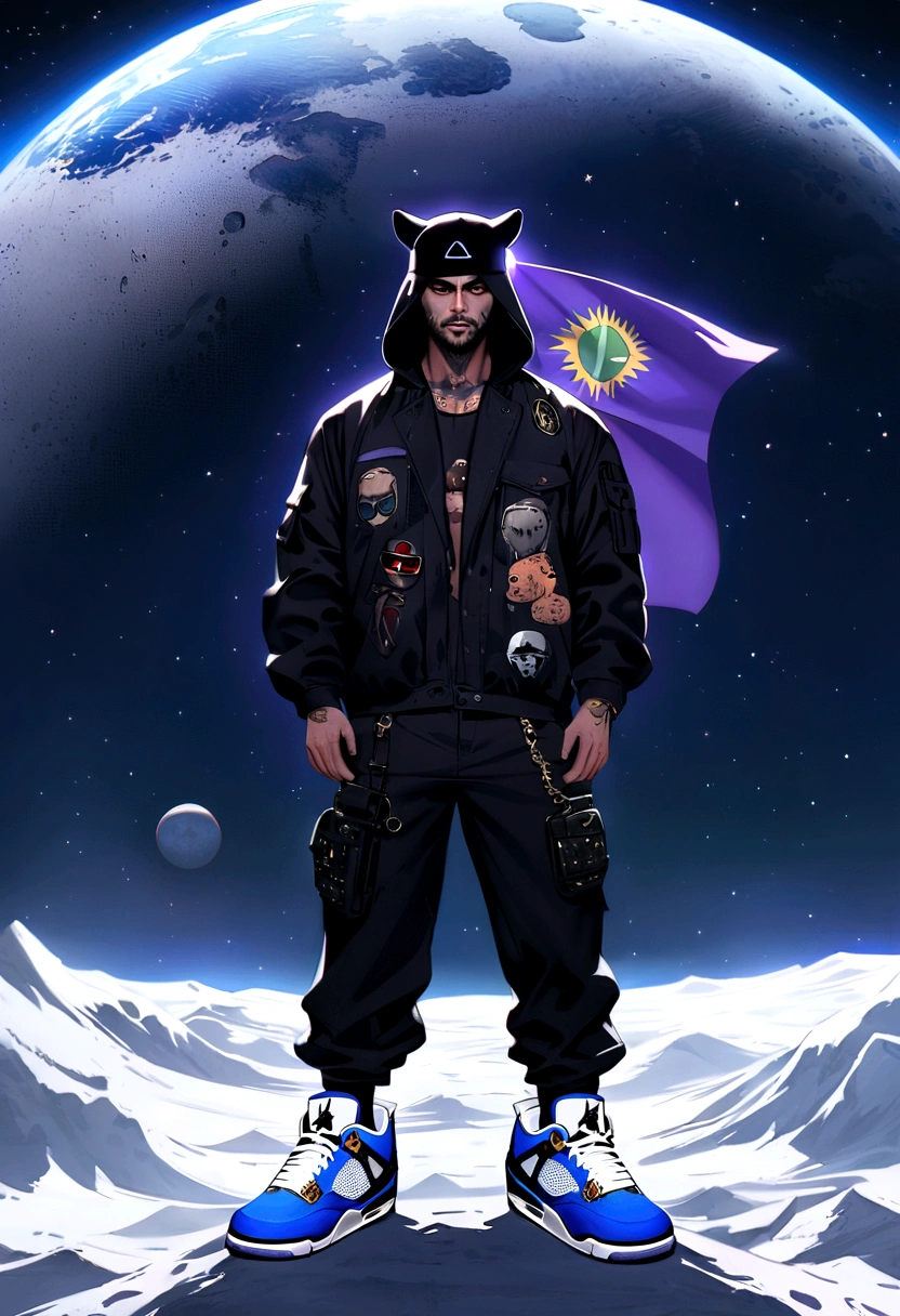 Create a standing character, facing the front, featuring , on top of the moon. featuring uma roupa gangster e escura, featuring barba preta, featuringpleta e pequena no rosto, just a piercing shining on the left eyebrow, a black cap on the head, and a Jordan 4 sneaker on the white and blue foot, without any tattoo. The planet Earth in the background behind the character, and a purple flag, marking the territory of Brazil, in space, and some stars and planets in the background.