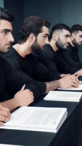 a group of Judaean men gathered in short hair in black sweatshirts, focus on the face.