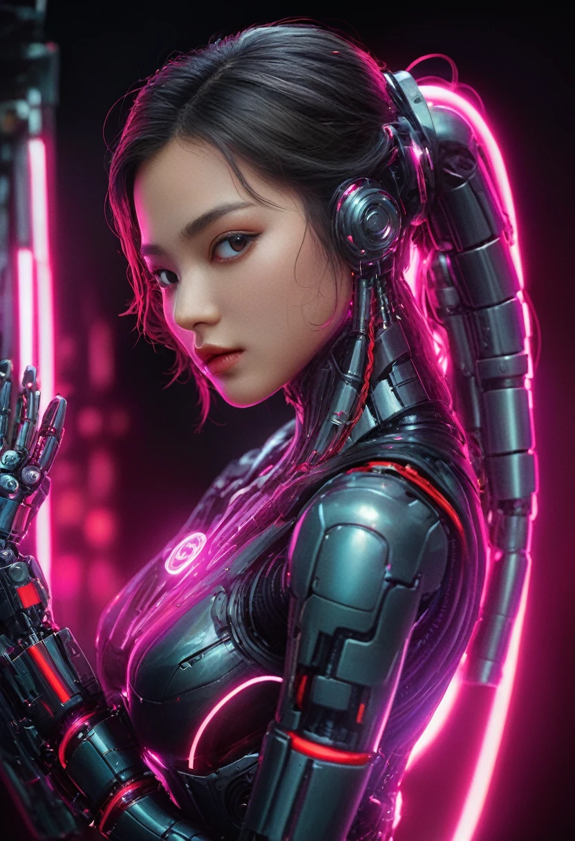 xxmixgirl. Highly detailed professional 35mm film, bokeh, face in sharp focus. A robotic female, Miku, with ((metal skin)), ((perfect Asian eyes)) with magenta irises and ((black pupils)), beautiful serious (detailed face), 18 year old ((photorealistic face)), very long magenta twin tails of magenta hair, twin black hair ties with a single red stripe. She may have a black audio headpiece. We can see her ((full body)) down to her boot soles. Her outfit is a sleeveless collared light grey shirt, outlined in red around the frilled collar and hems. Shiny reflective ((metallic breast cups, dimpleless)), invisible . She wears black sleeves with red hems that start around her upper arm and bellow out as the sleeves open and extend to her wrists, with wide trumpet red rimmed cuffs. She has perfect robotic (detailed hands). She wears a red colored tie with two horizontal solid parallel black lines halfway across. She wears a fabric black skirt with a horizontal red hem at the bottom all the way around; her (((black skirt wraps around her))) and ((her skirt completely covers)) her robotic waist and thighs. Tall black boots with red bottom soles, a red rim around the top at her thighs. Her mechanical shoulder joints are visible. We can see her robotic legs and robotic neck. Half of her is covered with shiny polished machinery. The background is a distant dark neon futuristic Japanese city, gold, cyan, violet neon, near harbor or mountains.