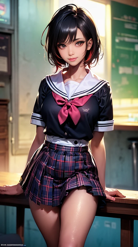 ((masterpiece)),(perfect ),((best quality)),((ultra-detailed)),(illustration),(high resolution),((Latina)),((strong dark skin)),((gyaru)),((stylish)),((gorgeous)),((semirealistic)),((dark skinned girl)),((Feminine)),(((comic aun))),(((misaki kurehito))),((dutch angle,standing,various shot)),(perfect hands),(delicate and beautiful),(beautiful detailed eyes),female only,8k wallpaper,(high quality artwork),detailed face,beatiful face,((misaki kurehito like face)),masterwork,best quality,incredibly absurdres,hyper intricate,extremely detailed girl,vibrant eyes,ray tracing,((vibrant colors)),detailed legs,((detailed sailor style school uniform)),((detailed black socks)),((mini pleated tartan check skirt)),smirk,indoors,school background,extreamy,sunshine,((multicolored streaked very short hair)),((various very short pixie hair)),highest quality,80mm,ultra detailed,8k,4k,intricate,highly detailed,ambient light3,cinematic composition3,HDR,Accent Lighting,original,highres 