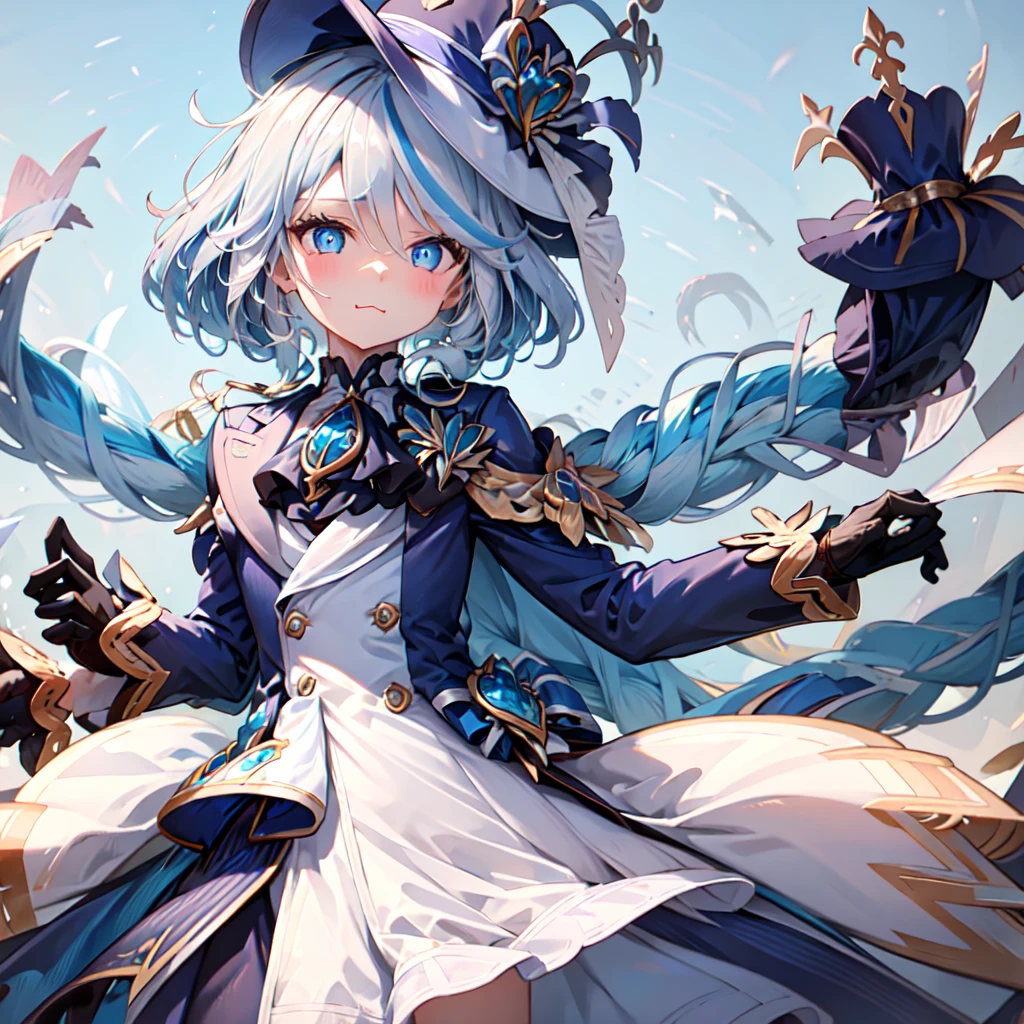 furina, 1girl, solo, long hair, looking at viewer, blush, blue eyes, simple background, gloves, long sleeves, hat, white background, jewelry, :3, blue hair, jacket, upper body, ahoge, white hair, heart, streaked hair, symbol-shaped pupils, blue jacket, brooch, blue headwear, top hat