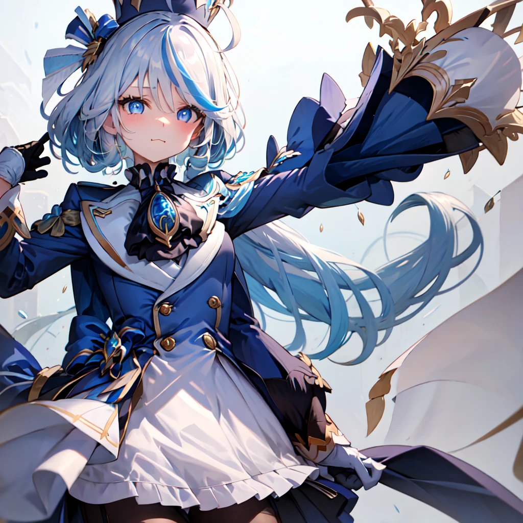 furina, 1girl, solo, long hair, looking at viewer, blush, blue eyes, simple background, gloves, long sleeves, hat, white background, jewelry, :3, blue hair, jacket, upper body, ahoge, white hair, heart, streaked hair, symbol-shaped pupils, blue jacket, brooch, blue headwear, top hat