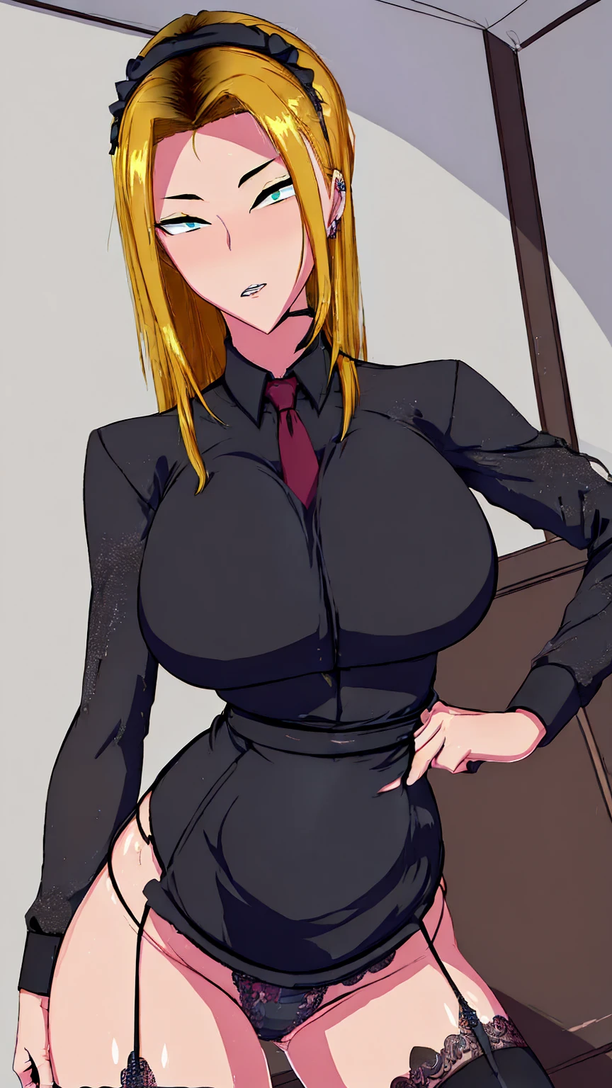 (masterpiece, highres, best quality:1.2), 8K, highly detailed, intricate, colorful, vibrant image, sharp focus, cinematic)  blonde hair, long hair, green eyes, body builder (Wearing black business outfit, black_collared shirt cropped jacket ,tie,necktie,black frilled skirt, garter straps, leather waist belt) (big perfect round breasts,hourglass body, thin waist,very thin waist, Photo realistic,(hyperrealistic:1)beautiful, masterpiece, best quality, extremely detailed face,perfect face,beautiful face, perfect lighting,detailed eye makeup, detail face, nice detailed eyes,nice hands, perfect hands,glowing eyes (realistic pupils,realistic iris:1) heavy eye makeup,(empty Casino)(Posing dynamically)