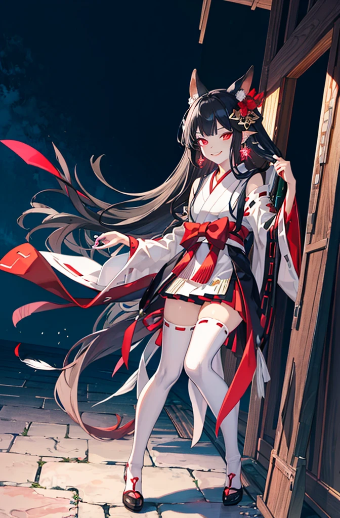 [(detailed Background:1.4)::5],Original,(Illustration:1.1),(Best Quality),(masutepiece:1.1),(the Extremely Detailed CG Unity 8K Wallpapers:1.1), (Colorful:0.9),(mid-shot:0.95),(very detailed beautiful full body),Dynamic Angle,(Solo:1.2), (girl),(((Adult))), (Detailed beautiful eyes:1.15), (Beautiful face:1.15), (glowing red eyes:1.25////),(black hair),paleskin，Pink pupils，Red bow，amaryllis，((Evil smile))，Crystal earrings on the ears，Raven feather skirt,full body,wearing miko thighhighs,((black long hair)),black long hair,night,