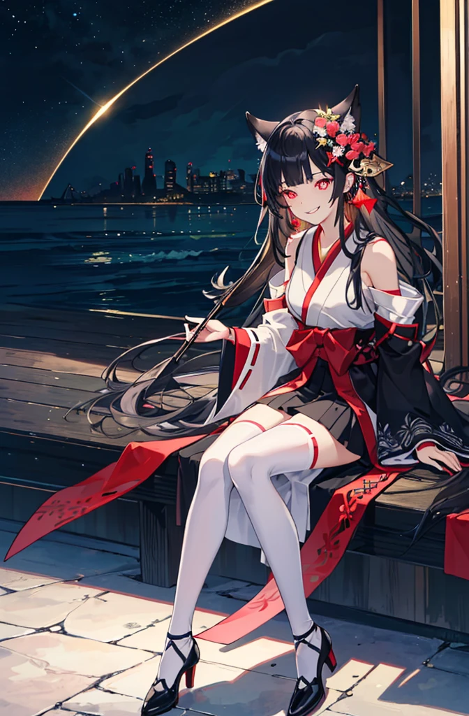 [(detailed Background:1.4)::5],Original,(Illustration:1.1),(Best Quality),(masutepiece:1.1),(the Extremely Detailed CG Unity 8K Wallpapers:1.1), (Colorful:0.9),(mid-shot:0.95),(very detailed beautiful full body),Dynamic Angle,(Solo:1.2), (girl),(((Adult))), (Detailed beautiful eyes:1.15), (Beautiful face:1.15), (glowing red eyes:1.25////),(black hair),paleskin，Pink pupils，Red bow，amaryllis，((Evil smile))，Crystal earrings on the ears，Raven feather skirt,full body,wearing miko thighhighs,((black long hair)),black long hair,night,