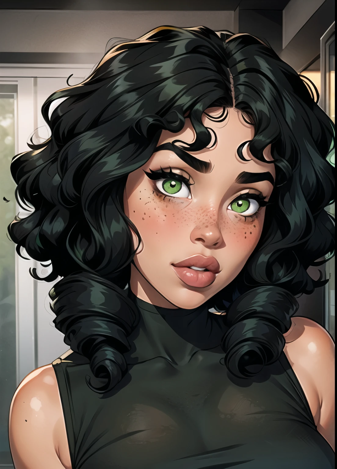 One girl, black_girl, green_eyes, black_hair, curly_hair, afro_hair, curly_bangs, thick_lips, pecas, blushed,