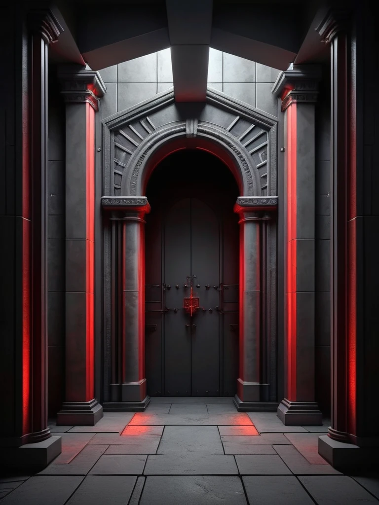 tunel, infernal themed futuristic background image, palacio hell, symmetrical image, hell, dark gray wall, negro, red, puertas al hell columnas iglesia.