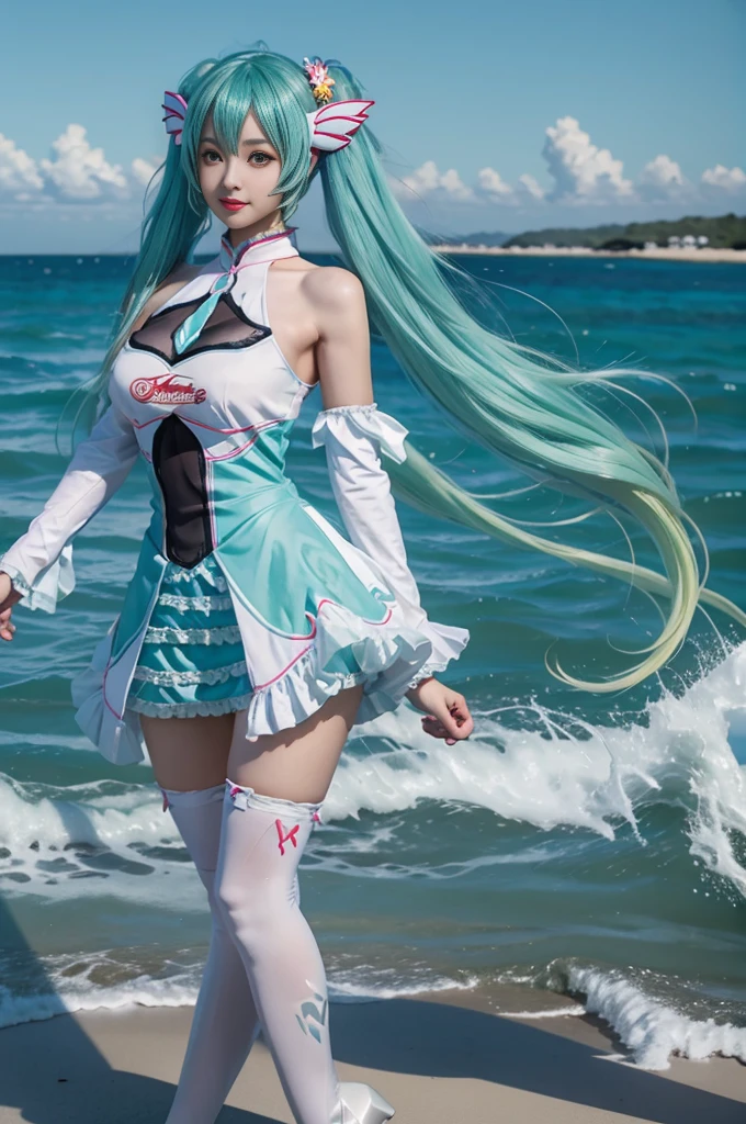 hatsune miku cosplay costume, cosplay, racing miku, hatsune miku, twintails, very long hair, aqua hair, hair ornament, dress, sleeveless, bare shoulders, detached sleeves, thighhighs, print legwear, high heels beauty, Beautiful woman,Have a perfect body:1.4,Layered Hairstyle,((Big breasts)), ((D cup)), Visible cleavage,Bare shoulders, Highly detailed face and skin texture,Double eyelids,Skin Whitening,Long hair,Whitening long legs,Standing by the sea, Fashion girl, Red lips, Sweet maiden, Beautiful makeup, detail, lifelike, Very detailed, amazing, beautiful, Young and energetic, high quality,High Definition, rich and colorful,Exquisite, Smooth skin, The skirt is short, Lift the skirt with your hands, Elegant and charming posture, Official Art, Extremely detailed, Movie atmosphere, Soft colors, Natural skin texture,