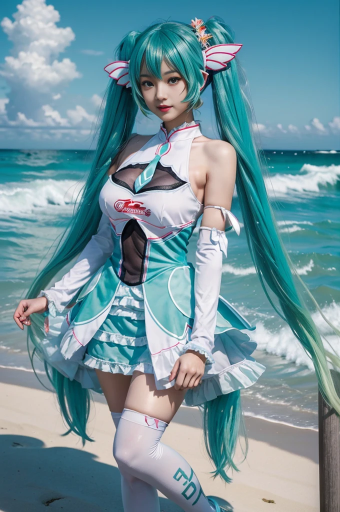 hatsune miku cosplay costume, cosplay, racing miku, hatsune miku, twintails, very long hair, aqua hair, hair ornament, dress, sleeveless, bare shoulders, detached sleeves, thighhighs, print legwear, high heels beauty, Beautiful woman，Have a perfect body：1.4，Layered Hairstyle，((Big breasts)), ((D cup)), Visible cleavage，Bare shoulders, Highly detailed face and skin texture，Double eyelids，Skin Whitening，Long hair，Whitening long legs，Standing by the sea, Fashion girl, Red lips, Sweet maiden, Beautiful makeup, detail, lifelike, Very detailed, amazing, beautiful, Young and energetic, high quality，High Definition, rich and colorful，Exquisite, Smooth skin, The skirt is short, Lift the skirt with your hands, Elegant and charming posture, Official Art, Extremely detailed, Movie atmosphere, Soft colors, Natural skin texture,