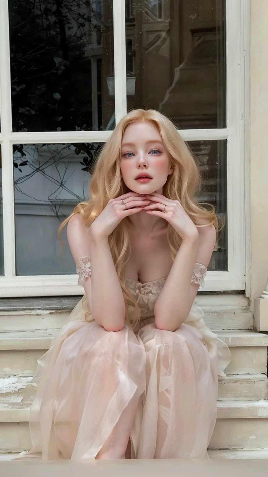 blonde woman sitting on the steps in front of a window with her hands on her chin, fair and pale skin!!, skin pale as ivory, fair skin curly blonde hair, with pale skin, fada ellie bamber, beautiful pale skin, ivory pale skin, pale woman, a striking young ethereal figure, soft, golden skin, porcelain pale skin, pale gothic beauty, pale and glowing skin