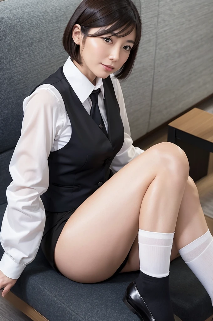 A Japanese office lady in her 40s with short hair is wearing a long-sleeved blouse, vest, tight skirt, and black nylon high socks. She is sitting with knees up and her legs wide open, so her white panties are completely visible.

