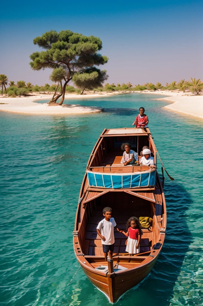 A family arriving at an island in a boat with the red sea