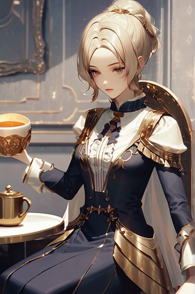 ((Лучшее качество)), ((шедевр)), (подробный), draw it so that she doesn't sit in the mug but holds it