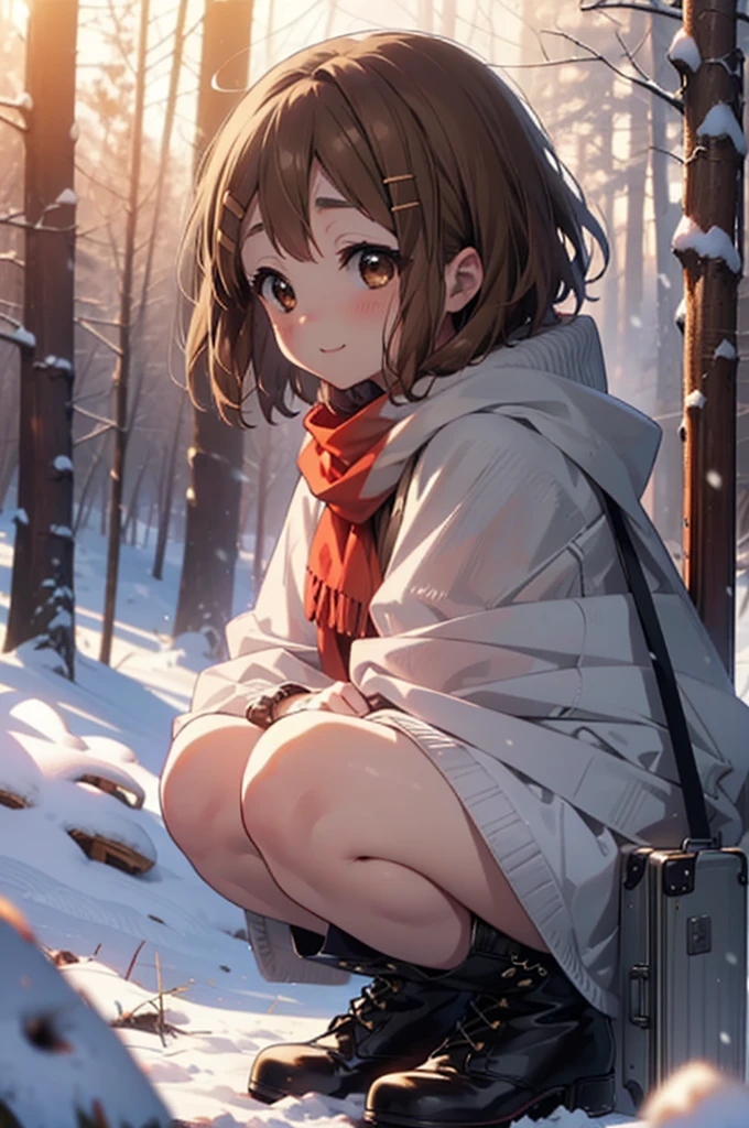 yuihirasawa, Yui Hirasawa, short hair, Brown Hair, hair ornaments, (Brown eyes:1.5), Hair Clip、smile,smile,blush,White Breath,
Open your mouth,snow,Ground bonfire,, Outdoor, boots, snowing, From the side, wood, suitcase, Cape, Blurred, , forest, White handbag, nature,  Squat, Mouth closed, Cape, winter, Written boundary depth, Black shoes, red Cape break looking at viewer, Upper Body, whole body, break Outdoor, forest, nature, break (masterpiece:1.2), Highest quality, High resolution, unity 8k wallpaper, (shape:0.8), (Beautiful and beautiful eyes:1.6), Highly detailed face, Perfect lighting, Highly detailed CG, (Perfect hands, Perfect Anatomy),