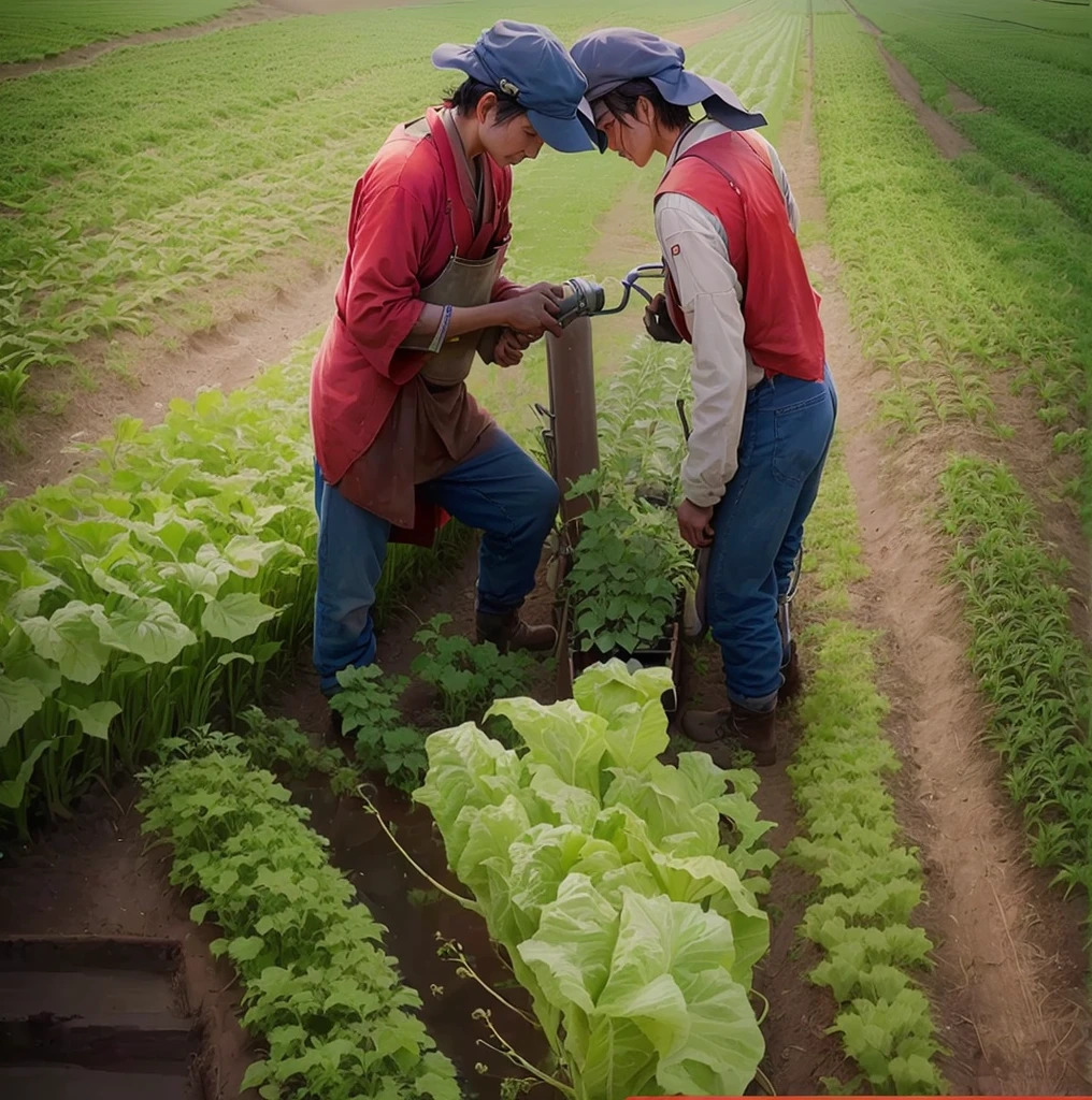 two people in a field with a watering hose and a watering hose, villagers busy agriculture, tending on arstation, farmer, no crop, workers, snapchat photo, high quality of image, permaculture, cover photo, gardening, agriculture, stunning image, japanesse farmer, By Yasushi Sugiyama, instagram picture, people at work, farms, Beautiful photo, Description