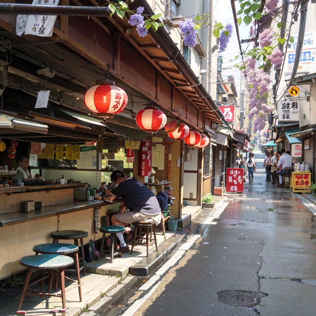 there are many tables and stools in the narrow alley, tokyo izakaya scene, in narrow tokyo alleyway, japanese street, tokyo alleyway, japanese downtown, old japanese street market, tea drinking and paper lanterns, in a tokyo street, tokyo street, with street food stalls, sitting in tokyo, kyoto japan setting, in the streets of tokyo