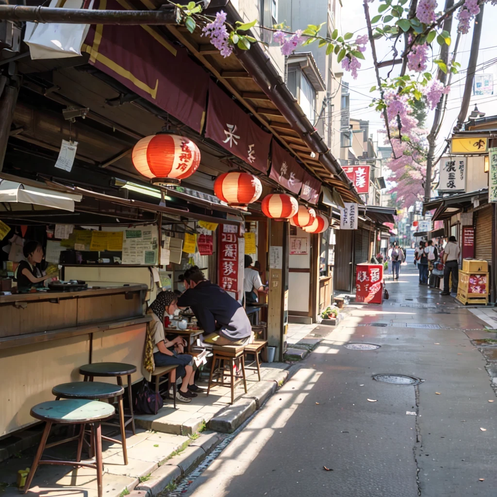 there are many tables and stools in the narrow alley, tokyo izakaya scene, in narrow tokyo alleyway, japanese street, tokyo alleyway, japanese downtown, old japanese street market, tea drinking and paper lanterns, in a tokyo street, tokyo street, with street food stalls, sitting in tokyo, kyoto japan setting, in the streets of tokyo