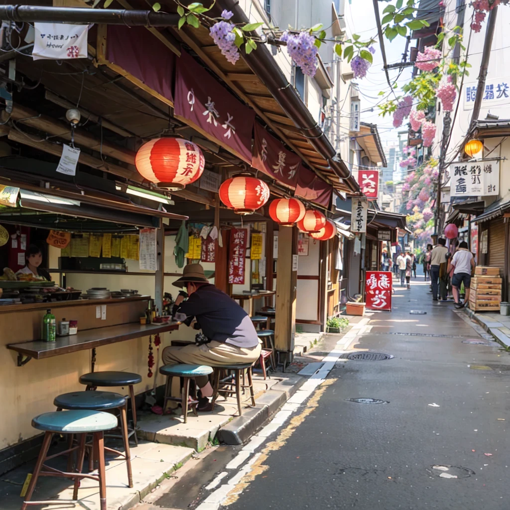 there are many tables and stools in the narrow alley, tokyo izakaya scene, in narrow tokyo alleyway, japanese street, tokyo alleyway, japanese downtown, old japanese street market, tea drinking and paper lanterns, in a tokyo street, tokyo street, with street food stalls, sitting in tokyo, kyoto japan setting, in the streets of tokyo