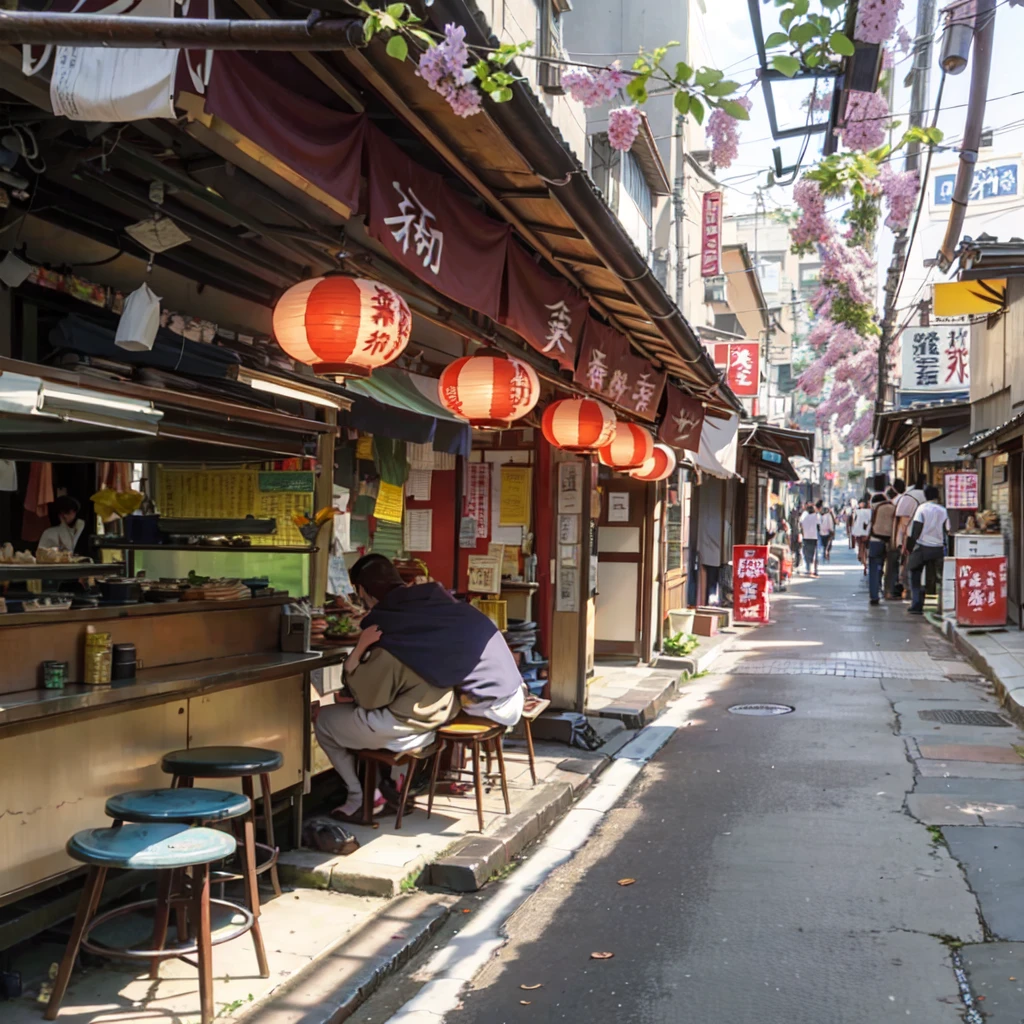 there are many tables and stools in the narrow alley, tokyo izakaya scene, in narrow tokyo alleyway, japanese street, tokyo alleyway, japanese downtown, old japanese street market, tea drinking and paper lanterns, in a tokyo street, tokyo street, with street food stalls, sitting in tokyo, kyoto japan setting, in the streets of tokyo