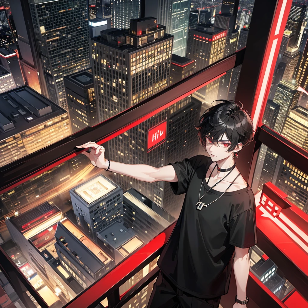 A gentleman,with red eyes and black hair with wolf cut hairstyle,wearing oversize t-shirts,wearing earrings and necklace,at hotel look at city view from window