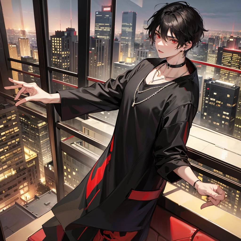 A gentleman,with red eyes and black hair with wolf cut hairstyle,wearing oversize t-shirts,wearing earrings and necklace,at hotel look at city view from window