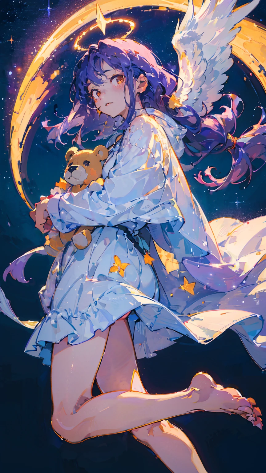 (woman\(13 years old,A star-like halo on the head。, Angel Girl,Purple Hair,Yellow Eyes, White skin, I'm wearing pastel colored pajamas,The girl looks sleepy,While floating in the air,hugging a teddy bear,barefoot,\) Beautiful night sky、Sleepily floating in the air, (I&#39;m in the beautiful outdoors, A beautiful star is shining,He seemed to be very sleepy., mysterious, full moon,(夜空には大きなfull moon),quality\(8K,非常に精細なCGユニットのwallpaper, masterpiece,High resolution,top-quality,top-quality real texture skin,Surreal,Increase the resolution,RAW Photos,最高quality,Very detailed,wallpaper,Cinema Lighting,Ray-tracing,Golden Ratio\),Long Shot,Overall, it looks ephemeral.,The depiction range is from the waist up,qualityの高い顔の描写,High-resolution facial depiction,ephemeral,Low saturation,1 person