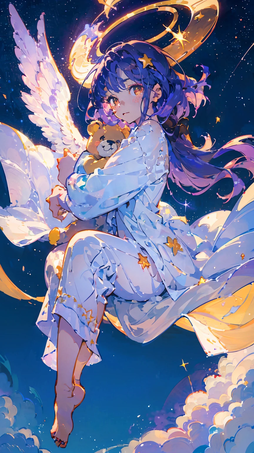 (woman\(,A star-like halo on the head。, Angel Girl,Purple Hair,Yellow Eyes, White skin, I'm wearing pastel colored pajamas,The girl looks sleepy,While floating in the air,hugging a teddy bear,barefoot,\) Beautiful night sky、Sleepily floating in the air, (I&#39;m in the beautiful outdoors, A beautiful star is shining,He seemed to be very sleepy., mysterious, full moon,(夜空には大きなfull moon),quality\(8K,非常に精細なCGユニットのwallpaper, masterpiece,High resolution,top-quality,top-quality real texture skin,Surreal,Increase the resolution,RAW Photos,最高quality,Very detailed,wallpaper,Cinema Lighting,Ray-tracing,Golden Ratio\),Long Shot,Overall, it looks ephemeral.,The depiction range is from the waist up,qualityの高い顔の描写,High-resolution facial depiction,ephemeral,Low saturation,1 person