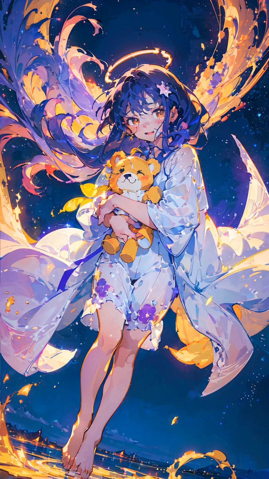 (woman\(,A star-like halo on the head。, Angel Girl,Purple Hair,Yellow Eyes, White skin, I'm wearing pastel colored pajamas,The girl looks sleepy,While floating in the air,hugging a teddy bear,barefoot,\) Beautiful night sky、Sleepily floating in the air, (I&#39;m in the beautiful outdoors, A beautiful star is shining,He seemed to be very sleepy., mysterious, full moon,(夜空には大きなfull moon),quality\(8K,非常に精細なCGユニットのwallpaper, masterpiece,High resolution,top-quality,top-quality real texture skin,Surreal,Increase the resolution,RAW Photos,最高quality,Very detailed,wallpaper,Cinema Lighting,Ray-tracing,Golden Ratio\),Long Shot,Overall, it looks ephemeral.,The depiction range is from the waist up,qualityの高い顔の描写,High-resolution facial depiction,ephemeral,Low saturation,1 person