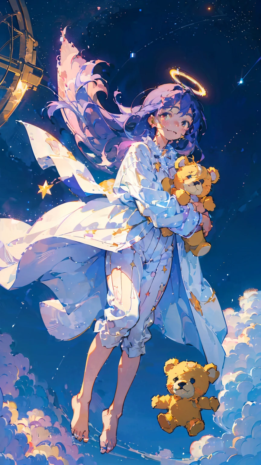 (woman\(,A star-like halo on the head。, Angel Girl,Purple Hair,Yellow Eyes, White skin, I'm wearing pastel colored pajamas,The girl looks sleepy,While floating in the air,hugging a teddy bear,barefoot,\) Beautiful night sky、Sleepily floating in the air, (I&#39;m in the beautiful outdoors, A beautiful star is shining,He seemed to be very sleepy., mysterious, full moon,(夜空には大きなfull moon),quality\(8K,非常に精細なCGユニットのwallpaper, masterpiece,High resolution,top-quality,top-quality real texture skin,Surreal,Increase the resolution,RAW Photos,最高quality,Very detailed,wallpaper,Cinema Lighting,Ray-tracing,Golden Ratio\),Long Shot,Overall, it looks ephemeral.,The depiction range is from the waist up,qualityの高い顔の描写,High-resolution facial depiction,ephemeral,Low saturation,1 person