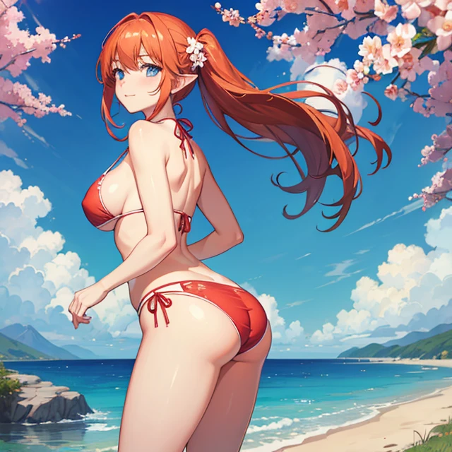 (masterpiece, best quality, detailed), 1girl, solo, looking at the sky
ElfGirl, reddish orange hair, 1 left hair pigtail tied with two flowers, light blue eyes, smile, closed mouth, huge breasts, big butt, beautiful legs, lightblue flower at side of hair, (pale pink bikini), wooden docks, midday, blue sky, cloud, scenery, walking, adjusting her own bikini's panties