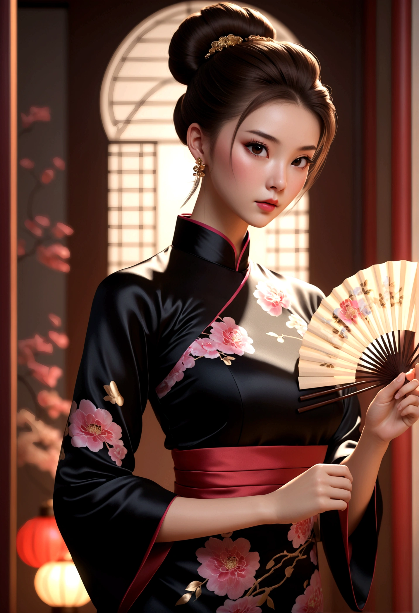 1woma, brown hair, brown eyes, hair bun, blurry, lips, cheongsam, black silk clothes, floral print, hand fan, dramatic lighting, depth of field, photon mapping, radiosity, physically-based rendering,