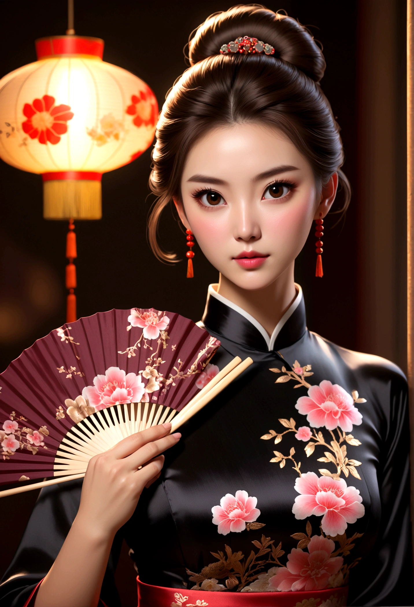 1woma, brown hair, brown eyes, hair bun, blurry, lips, cheongsam, black silk clothes, floral print, hand fan, dramatic lighting, depth of field, photon mapping, radiosity, physically-based rendering,