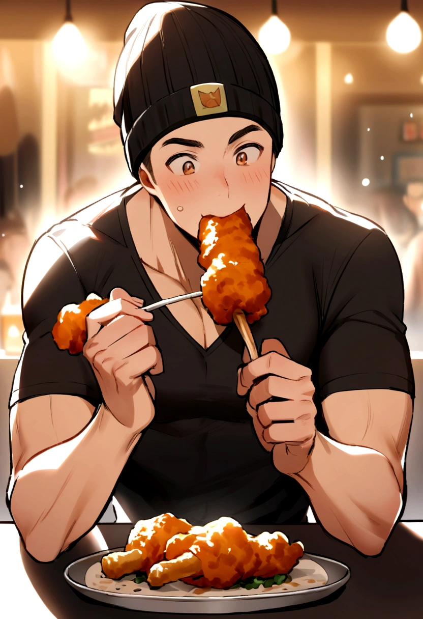 Fit boy with medium long brown hair and black beanie hat eating fried chicken